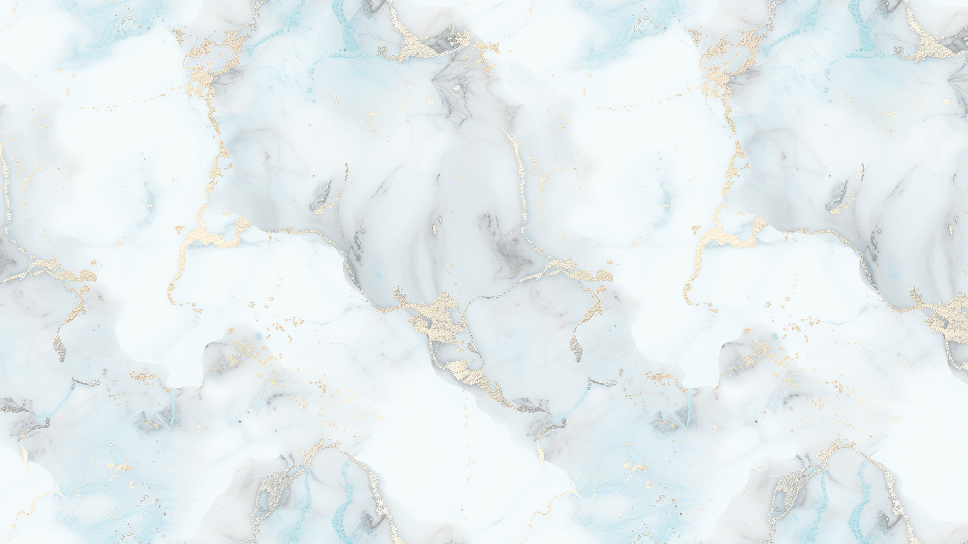A seamless, light blue and white marble texture with subtle gray veins and gold speckles. The surface appears smooth, with an elegant and luxurious feel, ideal for backgrounds or design elements.